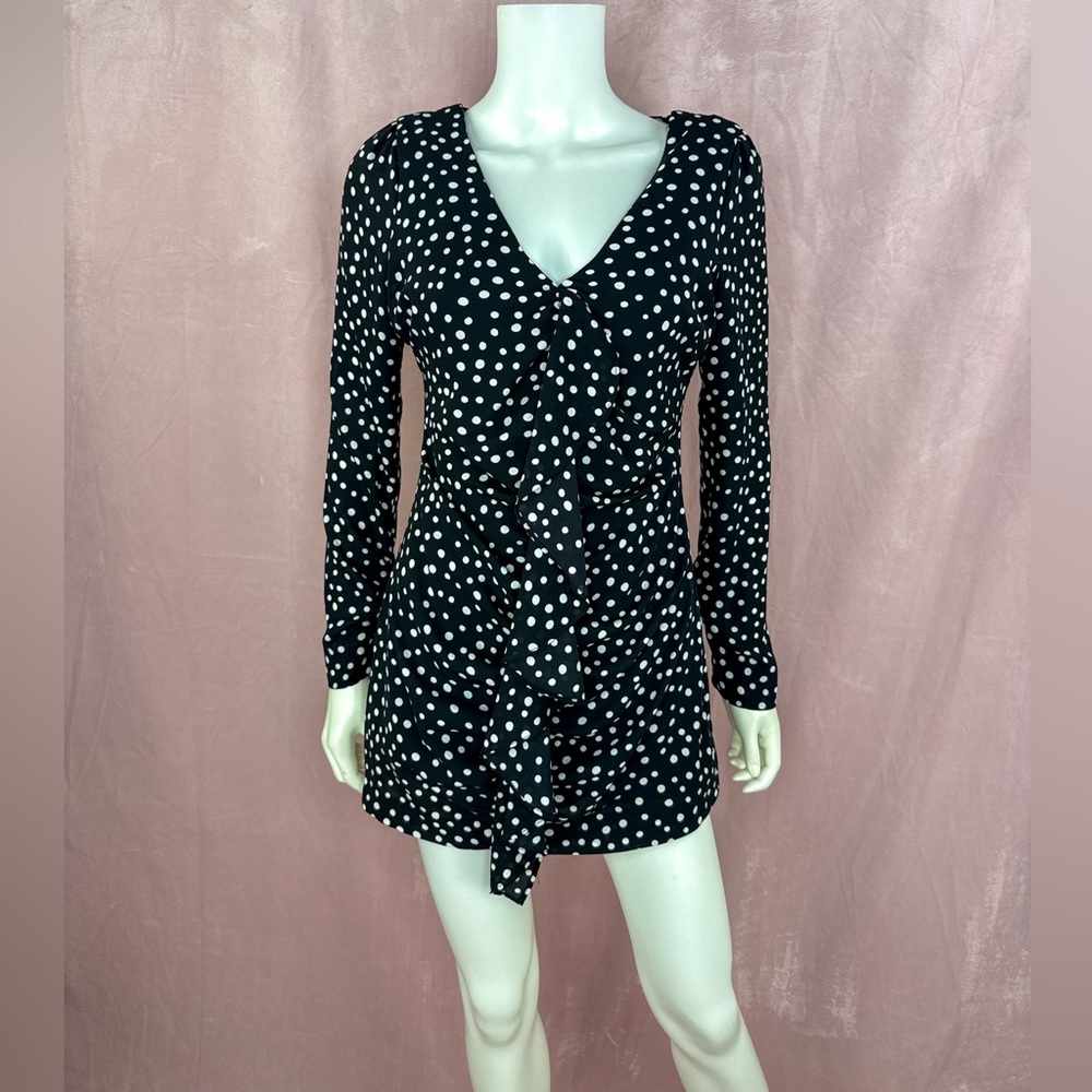 NWT Likely Womens Black And White Polka Dot Mini Dress Size 4 Long Sleeve V Neck